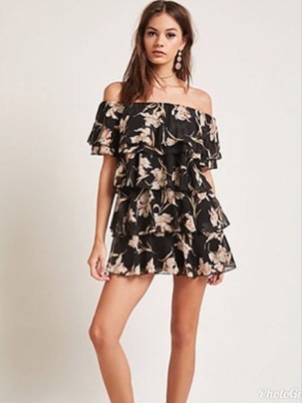 Forever 21 Black Blush Floral Tiered Off The SHoulder Dress Small S